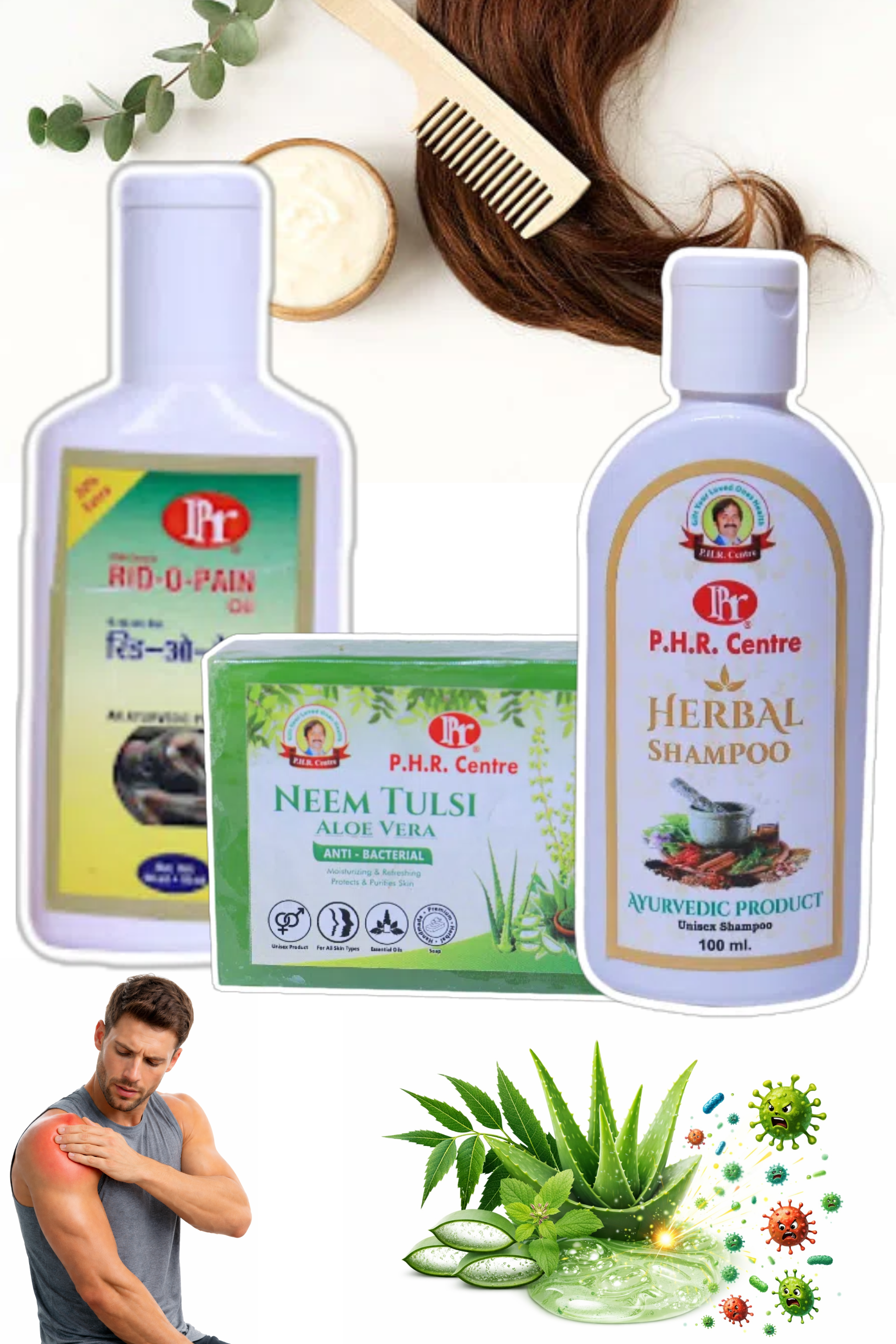 Nature’s Care Trio: Neem Tulsi Aloe Vera Soap, Herbal Shampoo and RID-O-PAIN Oil